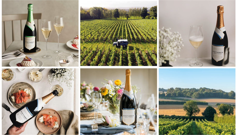 6 images of Nyetimber on tables and the grounds in England where the vineyards are.