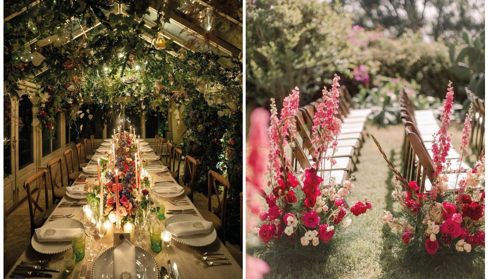 A room decorated with a ceiling floral installation by Millie Richardson and flowers lining an aisle in an outdoor ceremony. 