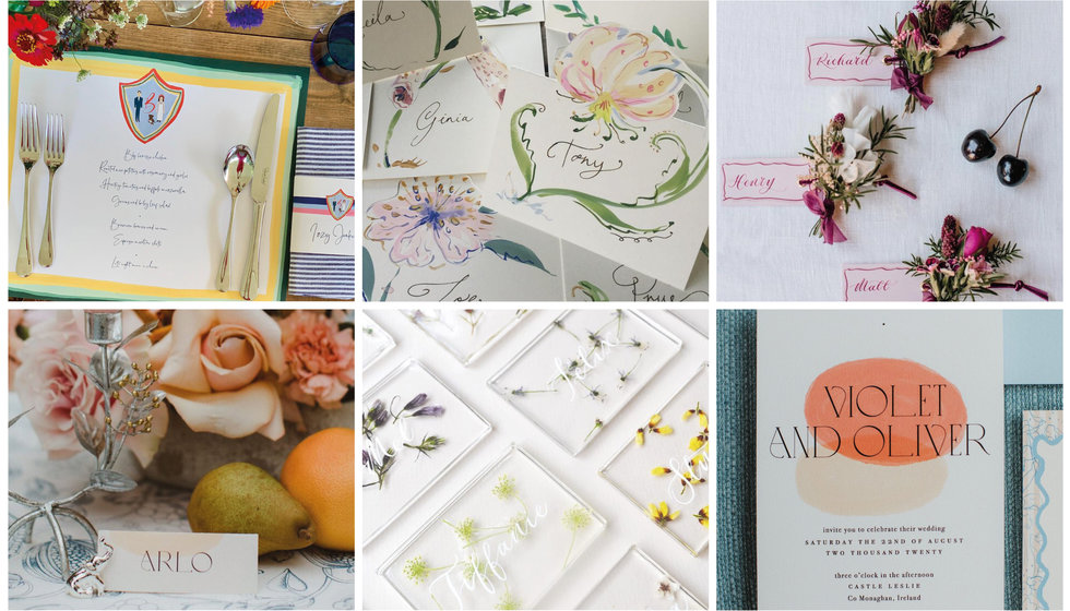 A selection of trending stationery including menus, place names and invitations.