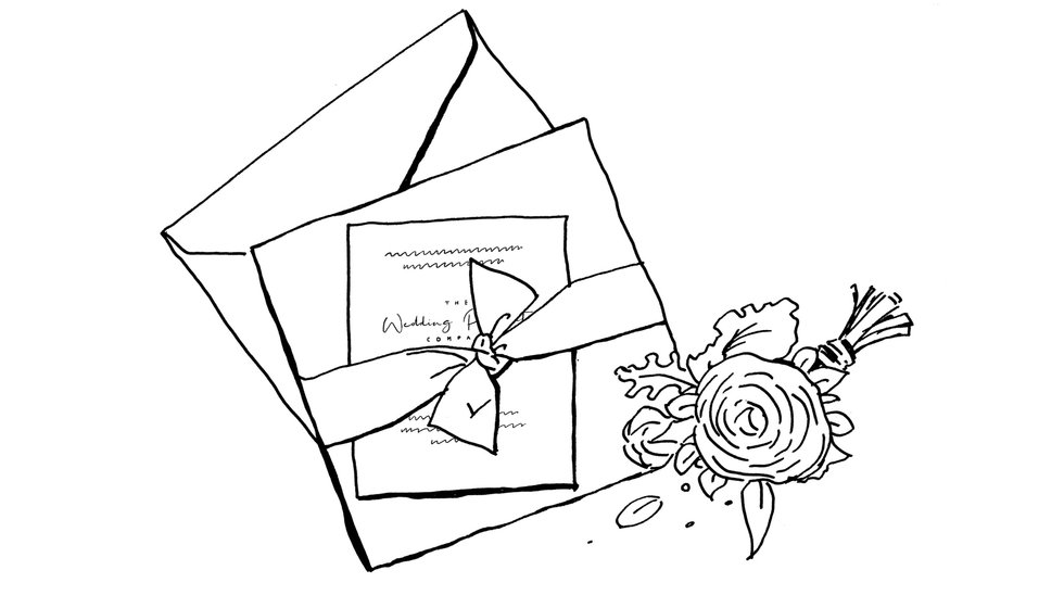 An illustration of a wedding invite and a bouquet.
