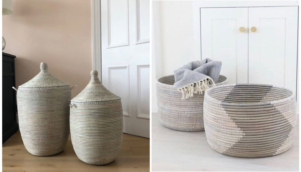Two different types of basket. On the left two of Artisanne's hand woven laundry baskets in natural. On the right is two baskets in a grey and natural pattern. 