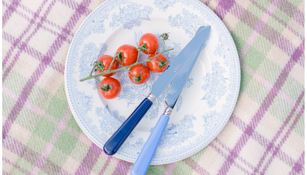 A Burleigh plate with two blue cap deco knives on a blanket from Tweedmill.