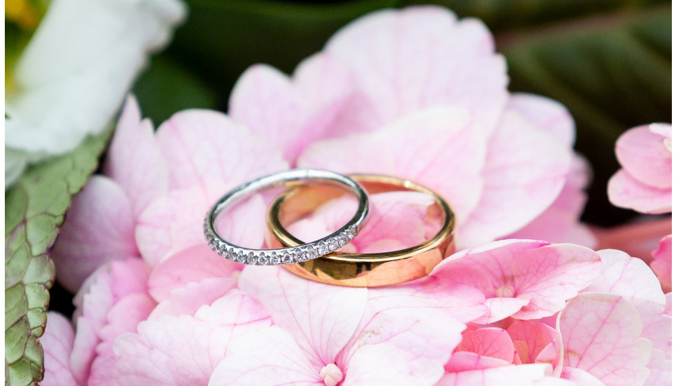 Sarah's silver and diamond slim wedding ring next to Nico's gold band on top of a pink flower. 