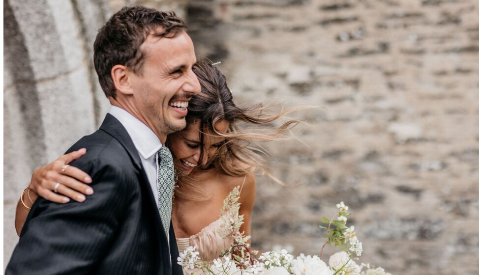 Real WPC Couple, Chloe & Ed, leave the church after their wedding ceremony in Rock, Cornwall