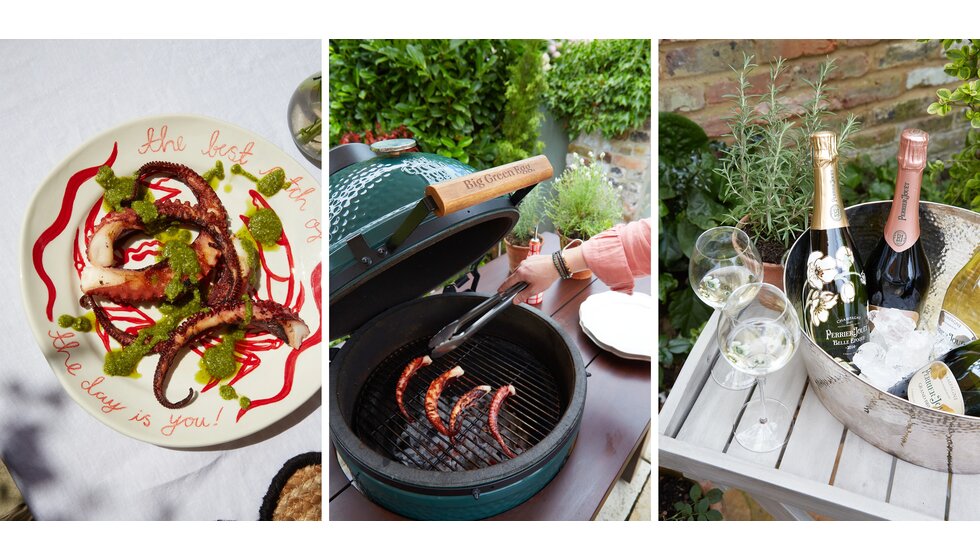 At Home with Isabella Foulger From the Wedding Edition: Statement Tableware with Octopus, The Big Green Egg BBQ, Chilled Perrier Jouet