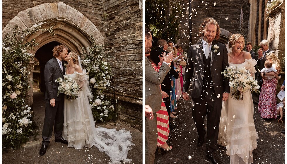 Jessica & Jack’s Idyllic Seaside Wedding in Cornwall: Newlyweds in front of the church