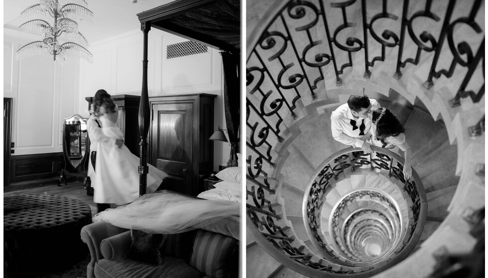 Sam & Rachel’s Old Hollywood Glam inspired London Wedding: Photo of the Newly Weds in their Room and on Staircase