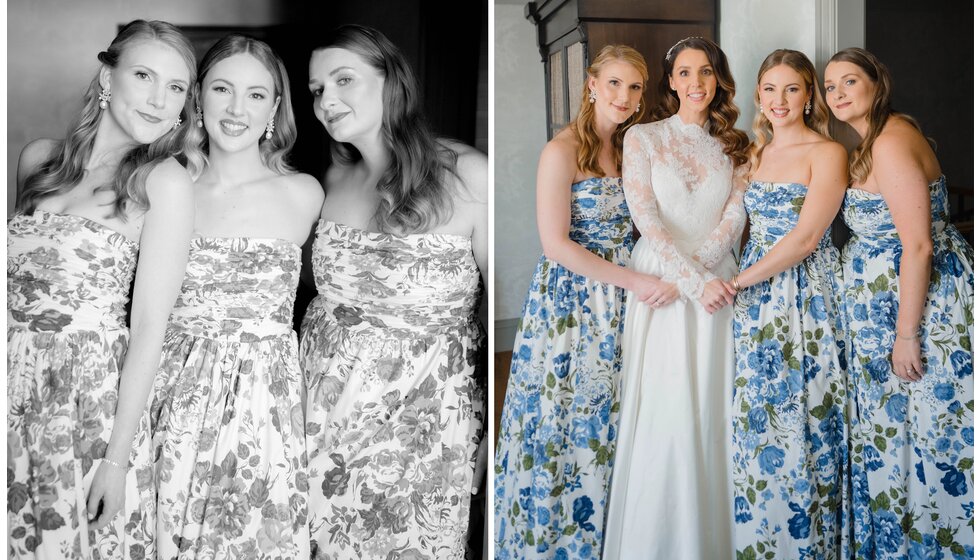 Sam & Rachel’s Old Hollywood Glam inspired London Wedding: Bridesmaids in Blue Floral Reformation Dresses