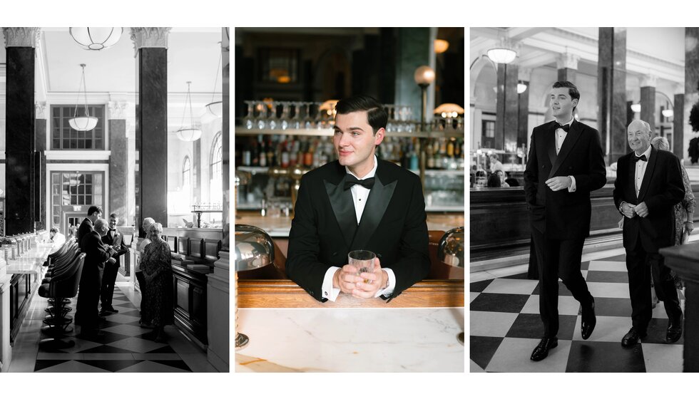 Sam & Rachel’s Old Hollywood Glam inspired London Wedding: Interior of the Ned & Groom Sitting in the Venue Bar