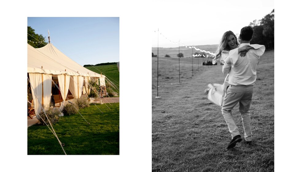 Charlotte & Harry's Magical Meadow Marquee Wedding in Oxfordshire: Groom & Bride Next to Marquee