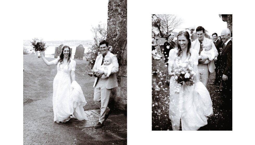 Charlotte & Harry's Magical Meadow Marquee Wedding in Oxfordshire: Bride and groom smiling while leaving the church in Cornwall after their intimate wedding ceremony