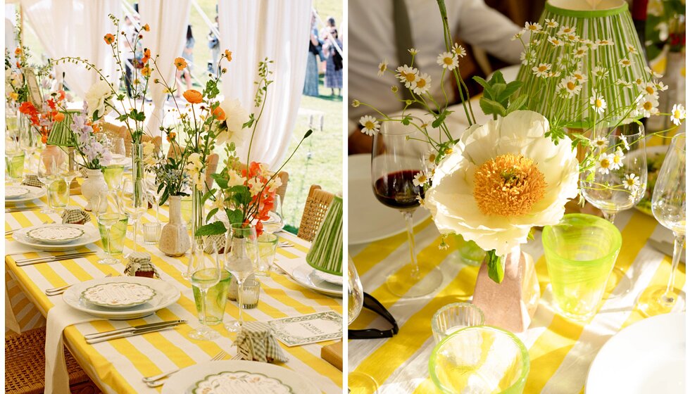 Charlotte & Harry's Magical Meadow Marquee Wedding in Oxfordshire: A green, white and yellow flower decoration on the tables of wedding reception