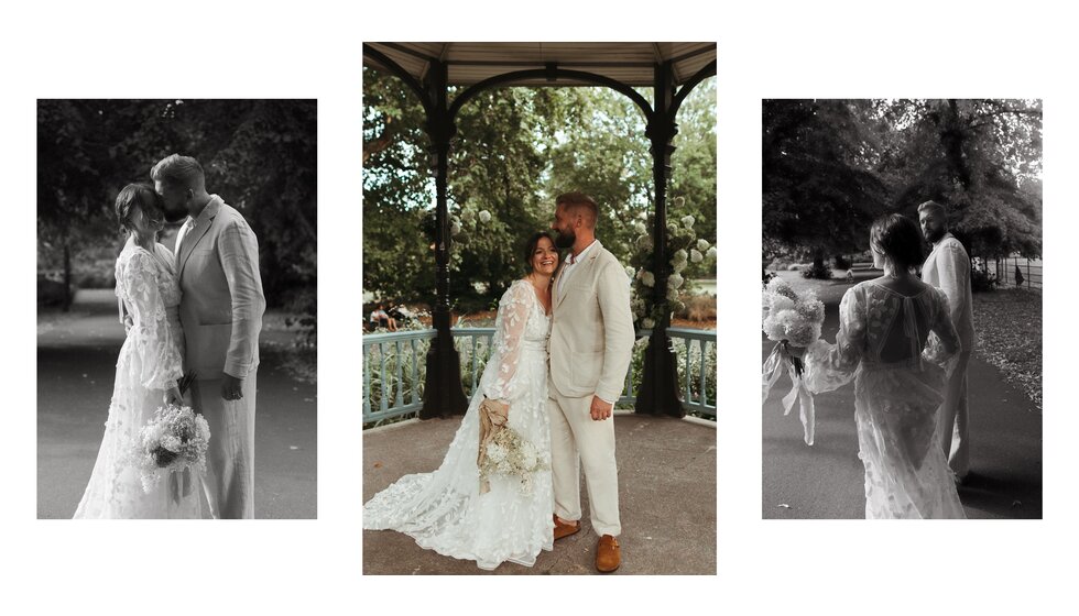 Whimsical Floral Wedding in London Park | The bride in a floral dress and the groom in a linen suit are walking together in green Myatt's Field Park in Autumn. 