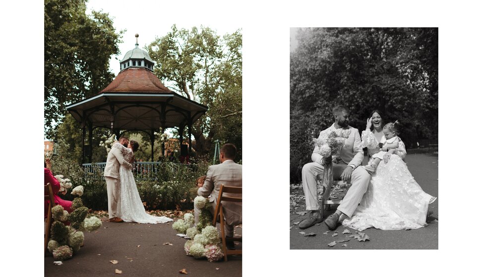 Whimsical Floral Wedding in London Park | One photo shows the bride in a floral dress and the groom in a linen suit kissing in front of a bandstand in London Park; the second photo is of a just-married couple sitting in a park with their little daughter.