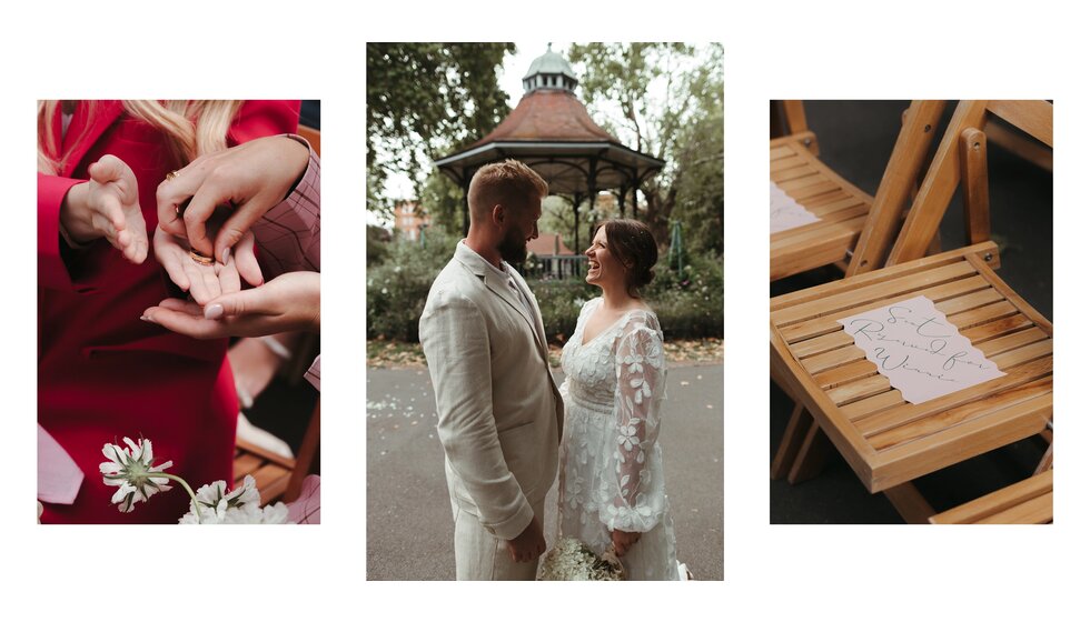 Whimsical Floral Wedding in London Park | Pink and red, relaxed wedding moldboard featuring a close-up of pink bridesmaids' suits, an intimate photo of a just-married couple, and detail on wedding ceremony decoration.