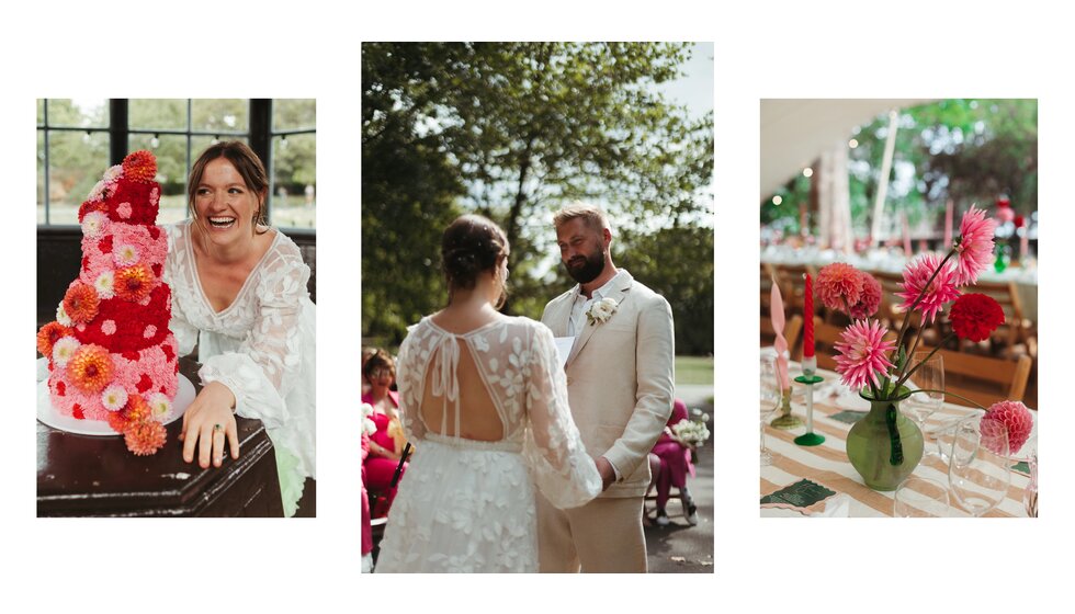 Whimsical Floral Wedding in London Park | Pink and red, relaxed wedding moldboard featuring a pink statement wedding cake, an intimate photo of a groom looking at the bride during a ceremony, and details of pink and green table decor.