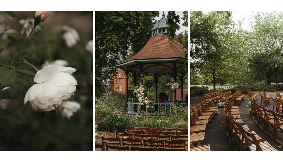 Whimsical Floral Wedding in London Park | A wedding ceremony location details showing a close-up of wedding flower decoration, a bandstand in the park, and a row of wedding ceremony chairs.
