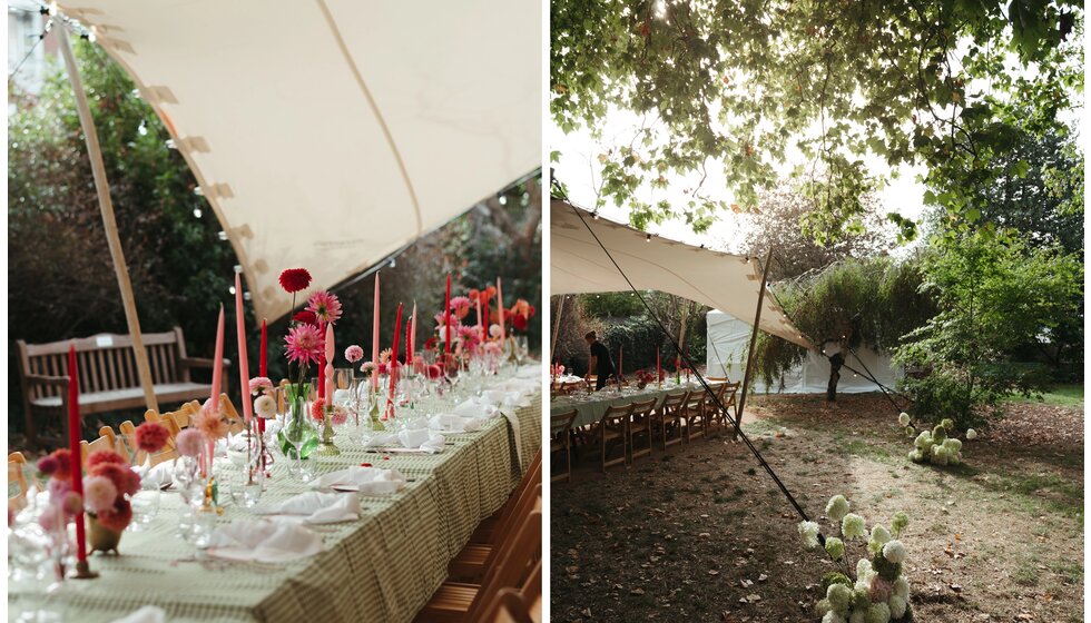 Whimsical Floral Wedding in London Park | A wedding reception location details showing a table decoration inside the wedding tent and a Stretch & Tent tent from outside
