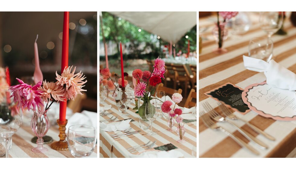 Whimsical Floral Wedding in London Park | Details of the wedding table decor featuring striped tablecloths, mismatched vintage vases and candlesticks, colourful candles, and bespoke wedding stationery