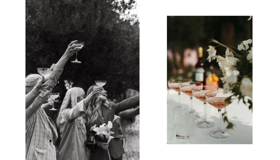 Whimsical Floral Wedding in London Park | Wedding guests cheering to a wedding toast with Bouvet Ladubay Saumur Rosé Brut in their vintage coupe glasses