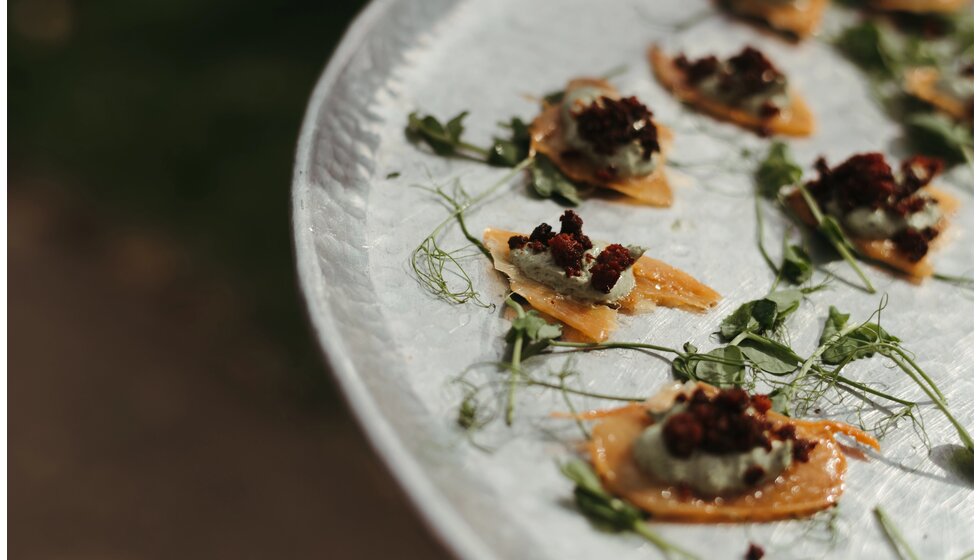 Whimsical Floral Wedding in London Park | Details of Doggart and Squash Canapes on Plate