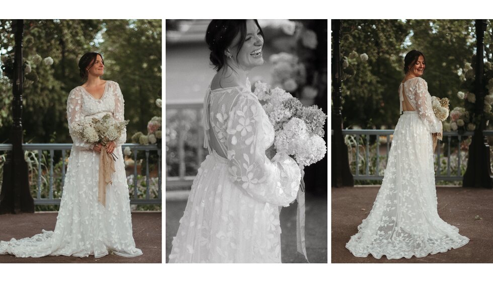 Whimsical Floral Wedding in London Park | The smiling bride wearing a breezy floral-inspired wedding dress and holding a white bridal bouquet while standing on the park bandstand