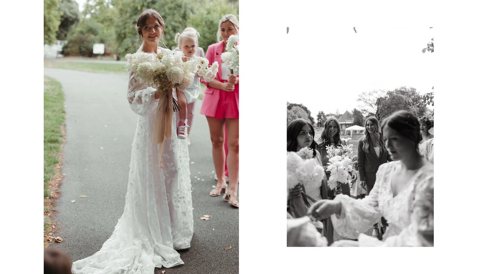 Whimsical Floral Wedding in London Park | The bride wearing a breezy floral-inspired wedding dress and holding a white bridal bouquet while waiting next to her bridal party