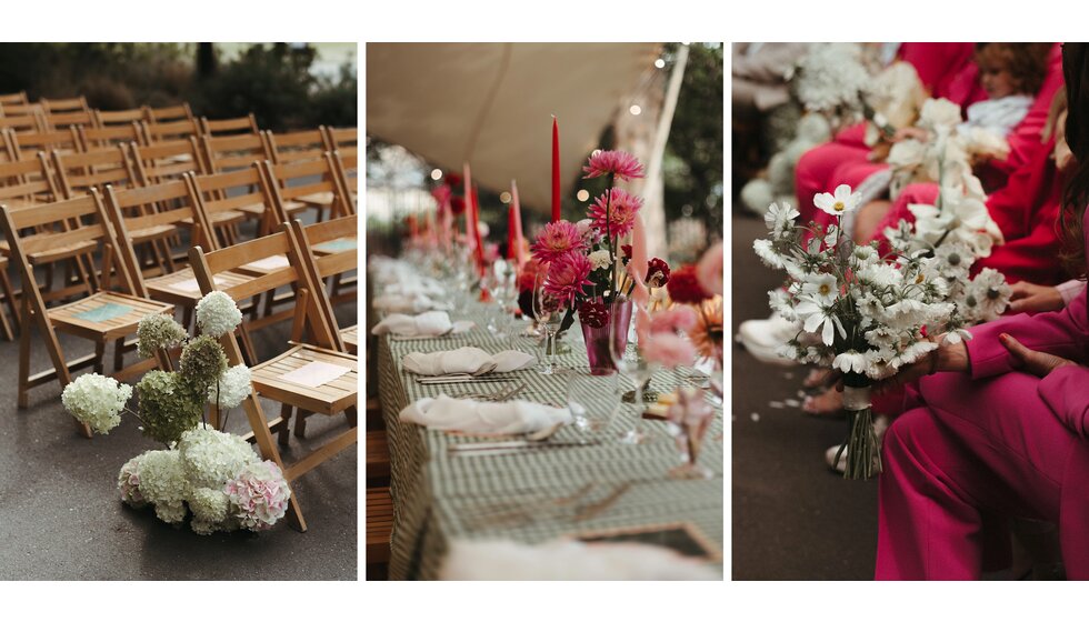 Whimsical Floral Wedding in London Park | Three photos showing pink and red, relaxed wedding flower decor: Wedding Ceremony Floral Décor, Table Setting, and Bridesmaid's Attire