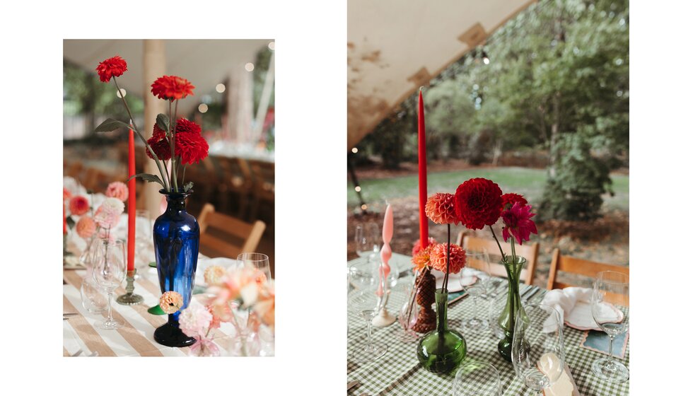 Whimsical Floral Wedding in London Park | Floral wedding table decor with pink and red flowers and colourful vintage vases