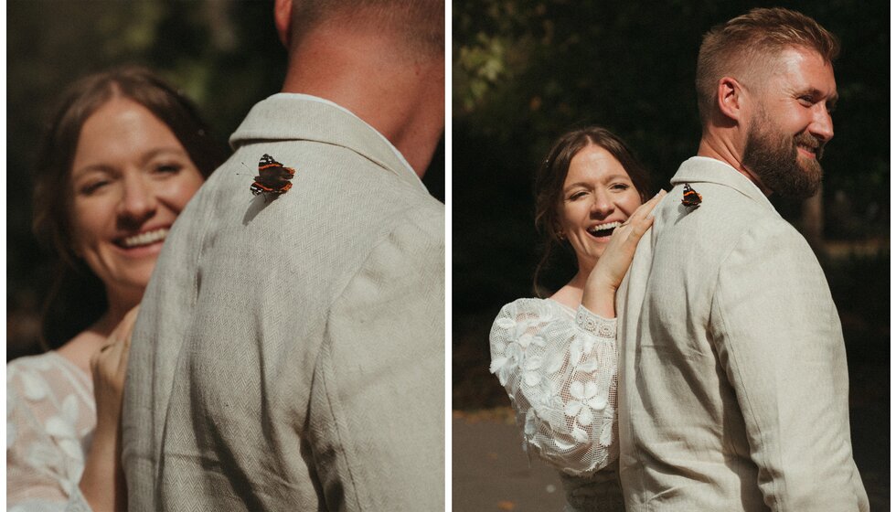Whimsical Floral Wedding in London Park | A stand out wedding moment of butterfly landing on groom's linen suit