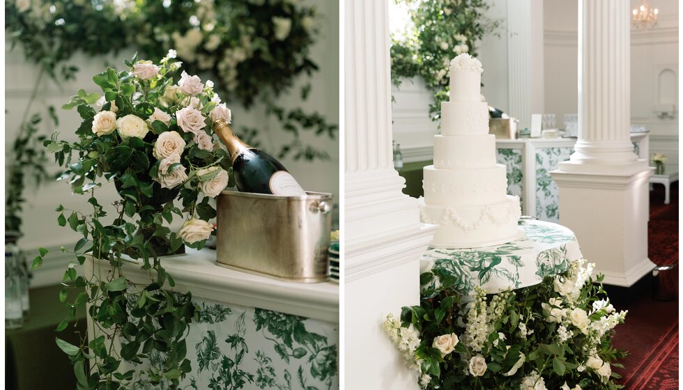 The Ultimate Wedding Planning Checklist | The wedding floral decoration with roses next to a traditional white wedding cake.