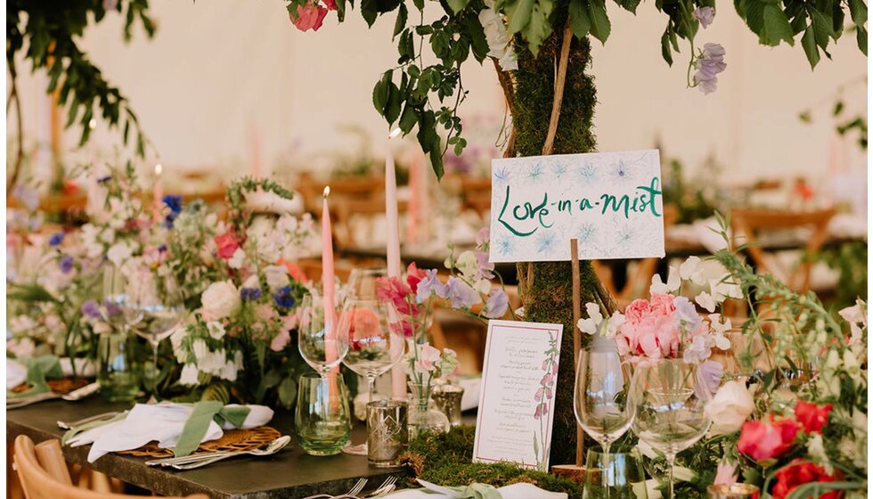 The Ultimate Wedding Planning Checklist:| Seating Plan with Rustic Wedding Place Cards on the Wedding Reception Table, adorned with Plenty of Flowers and Foliage