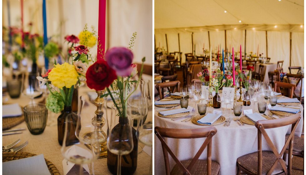 The Wedding Present Company | Colourful spring floral decor with candles in the tent of a traditional English wedding in Cambridge