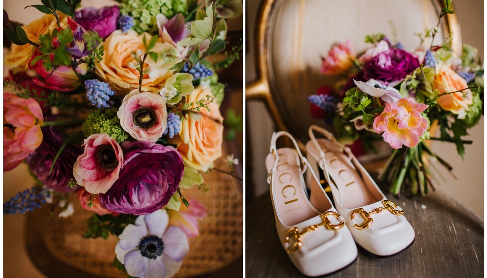 The Wedding Present Company | A colourful spring floral wedding bouquet next to patent wedding shoes from Gucci
