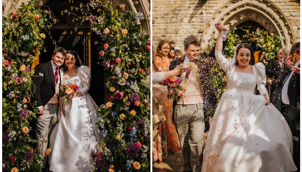 The Wedding Present Company | The bride and groom come pose in the floral arch and enjoy confetti throw as they leave the traditional church