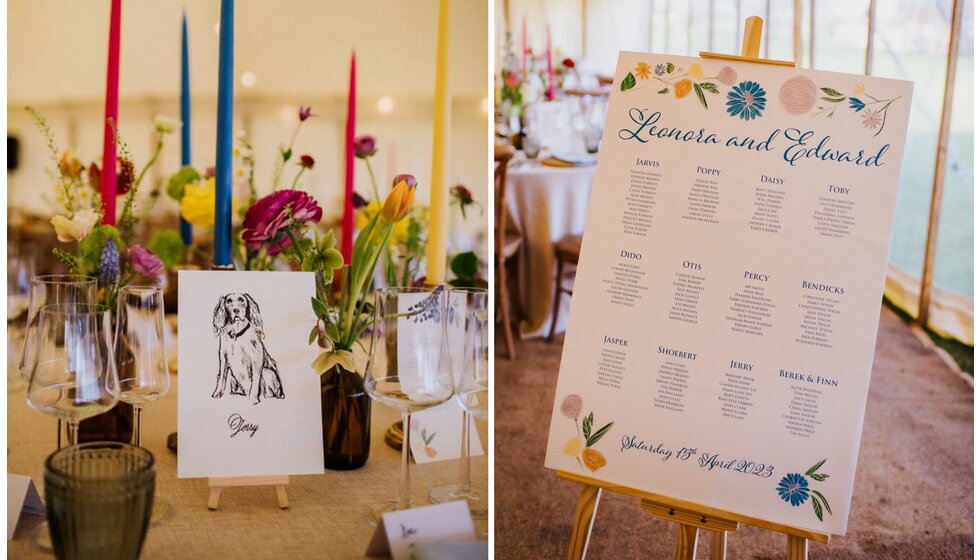 The Wedding Present Company | Wedding stationery on the table and seating plan with bespoke floral illustrations from Alice Paints