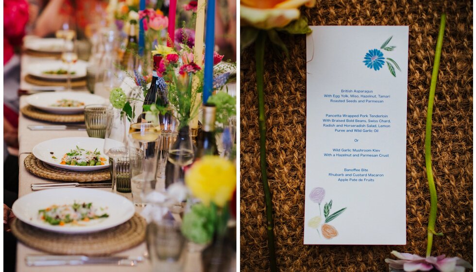 The Wedding Present Company | A close-up of the wedding menu plates on a flower-decorated table and illustrated menu cards