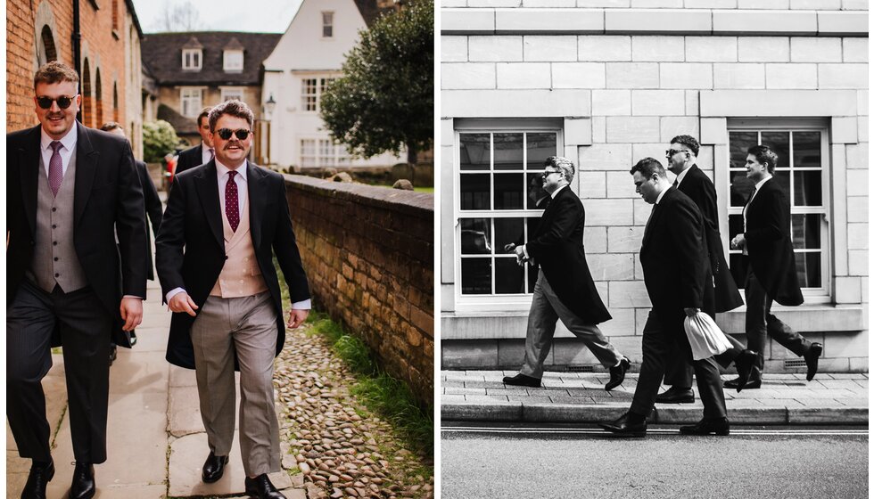 The Wedding Present Company: A groom wearing a morning suit from Oliver Brown, next to the groom party