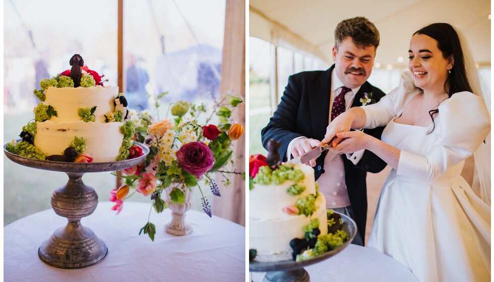 The Wedding Present Company | A bride and groom cutting buttercream wedding cake.