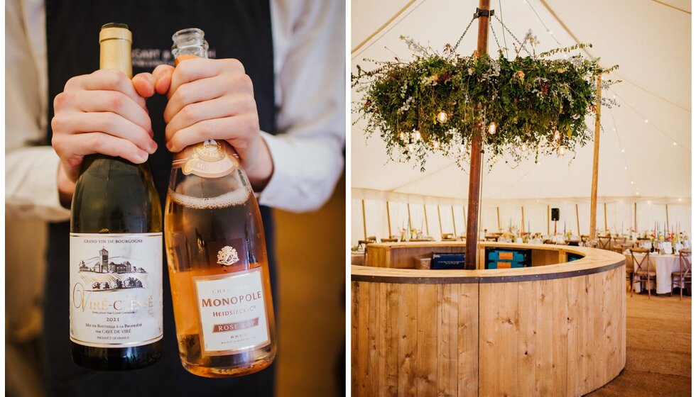 The Wedding Present Company | Bartender holding bottles of wedding wine next to a picture of a wedding bar in a tent of traditional English wedding