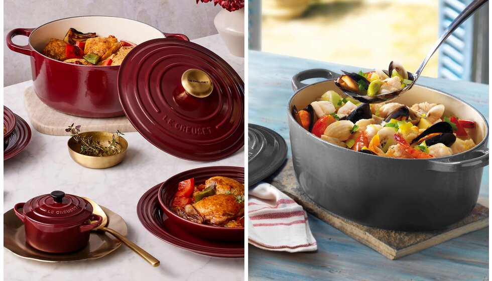 Le Creuset Casserole Size Guide | Le Creuset Casseroles with vegetable stews and mussels
