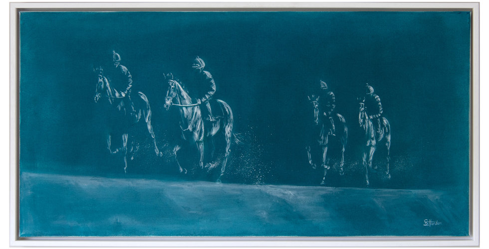 Turquoise painting of people riding horses.