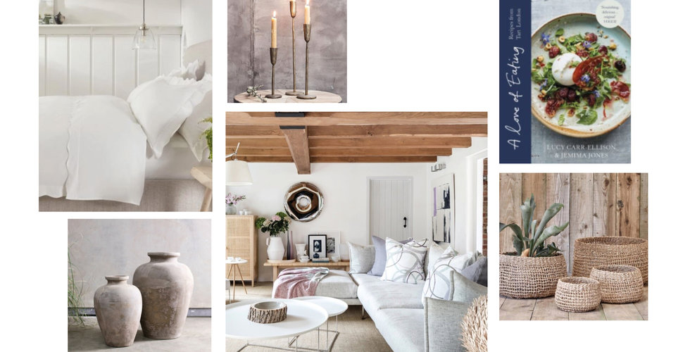 A moodboard of Georgie's interiors inspirational images and favourite wedding presents.