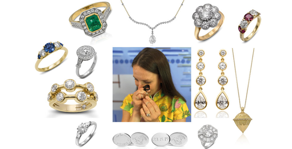 A collage of engagement rings and jewellery designed by Edwina Elkington.