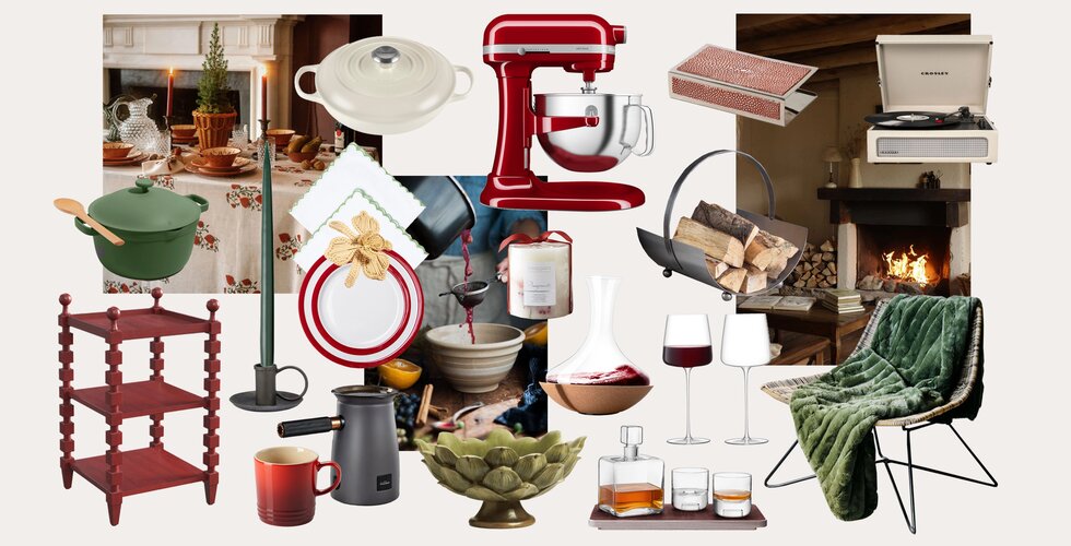 Winter Solstice Interior Trend Inspiration Edit | A winter solstice mood board featuring a mix of wedding presents including a red bowl mixer, colorful cookware and home bar accessories