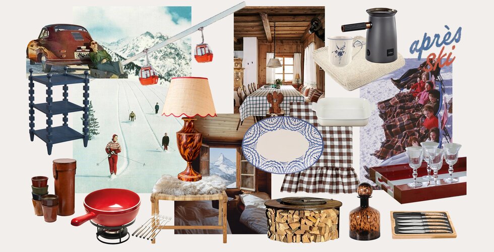Alpine Retreat Interior Trend Inspiration Edit | An alpine chalet inspired mood board featuring a mix of wedding presents including handpainted platter, gingham linen, a mix of glasses and other luxury homeware